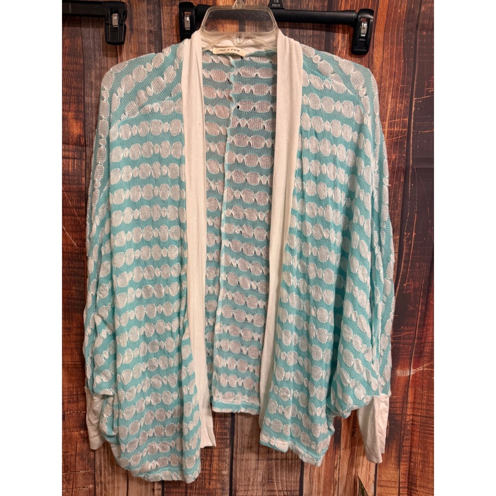 Tea n Rose Aqua Blue White Open Knit Dolman Sleeve Cardigan Size L Made in USA